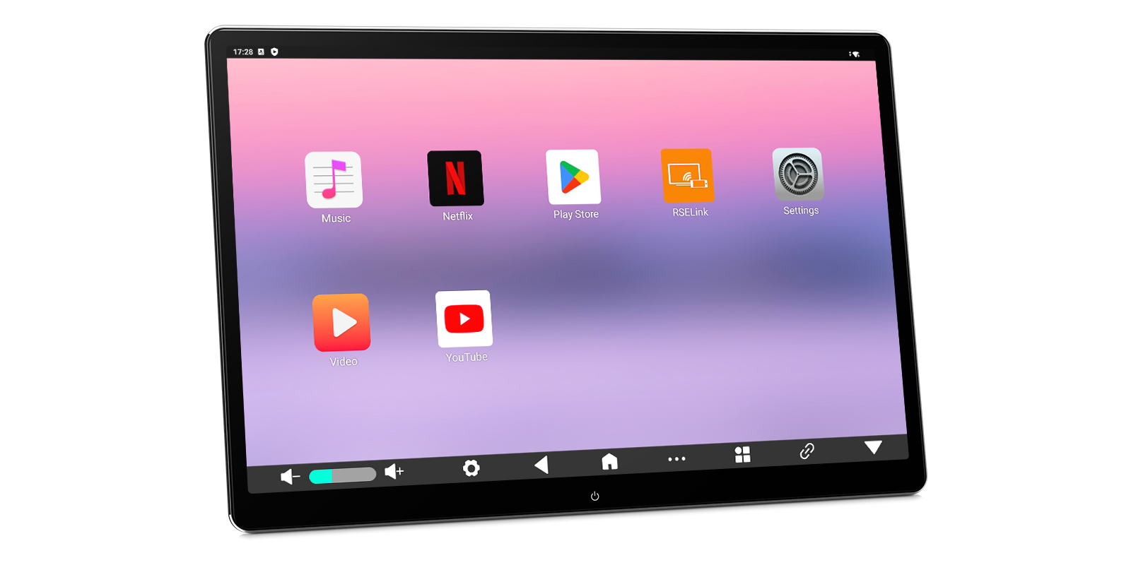 App list including Music, Netflix, Play Store, RSELink, Settings, Video, and YouTube on rear-seat system