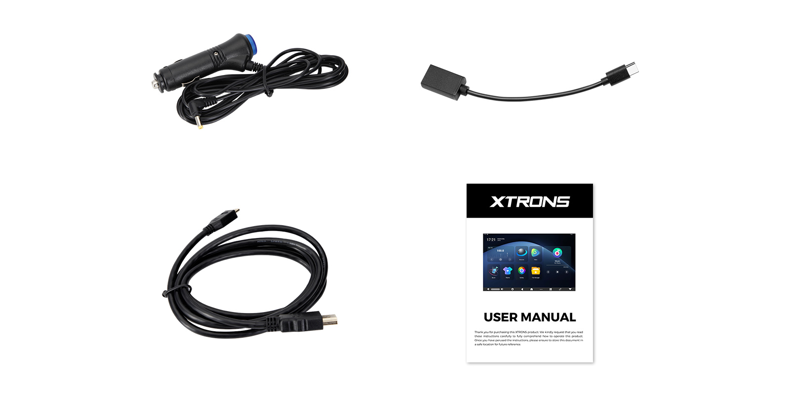 All accessories and user manual included with the rear-seat entertainment system, showing cables, mounting hardware, and documentation