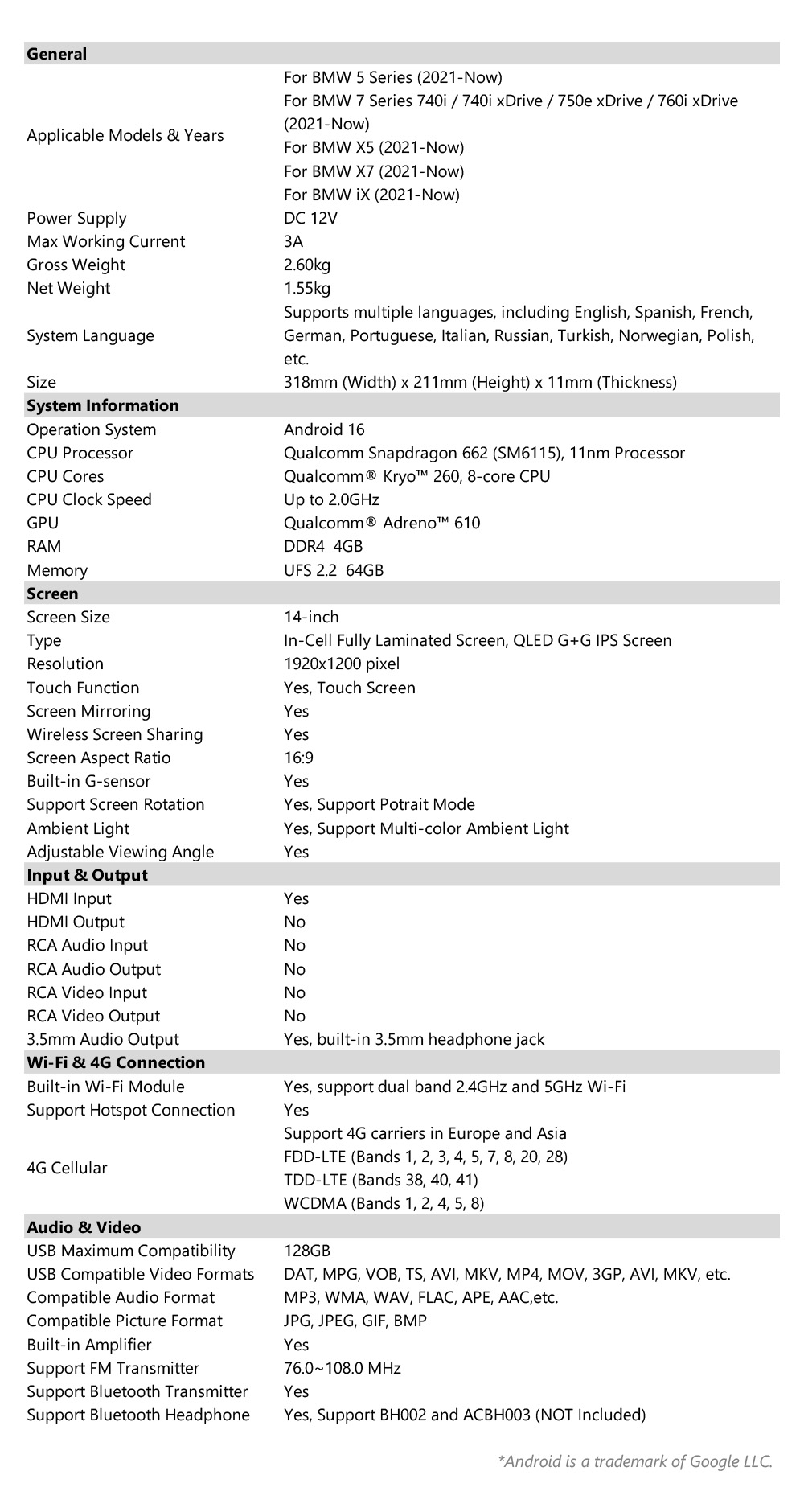 Product specification sheet for 14-inch BMW rear-seat entertainment system, detailing BMW compatibility, Android 16, Qualcomm Snapdragon 662, 1920x1200 display, Wi-Fi, and 4G features