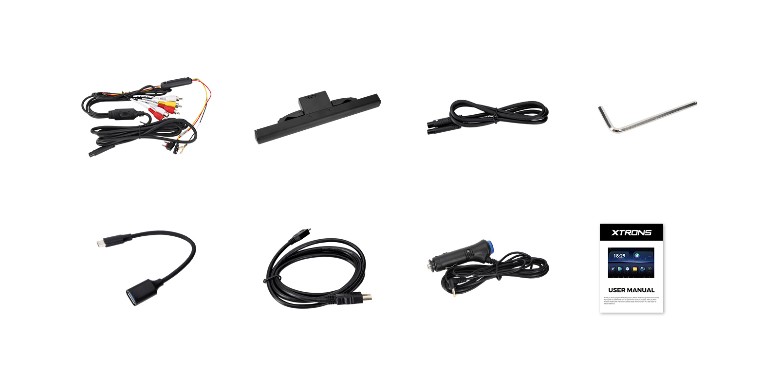 All accessories and user manual included with the rear-seat entertainment system, showing cables, mounting hardware, and documentation