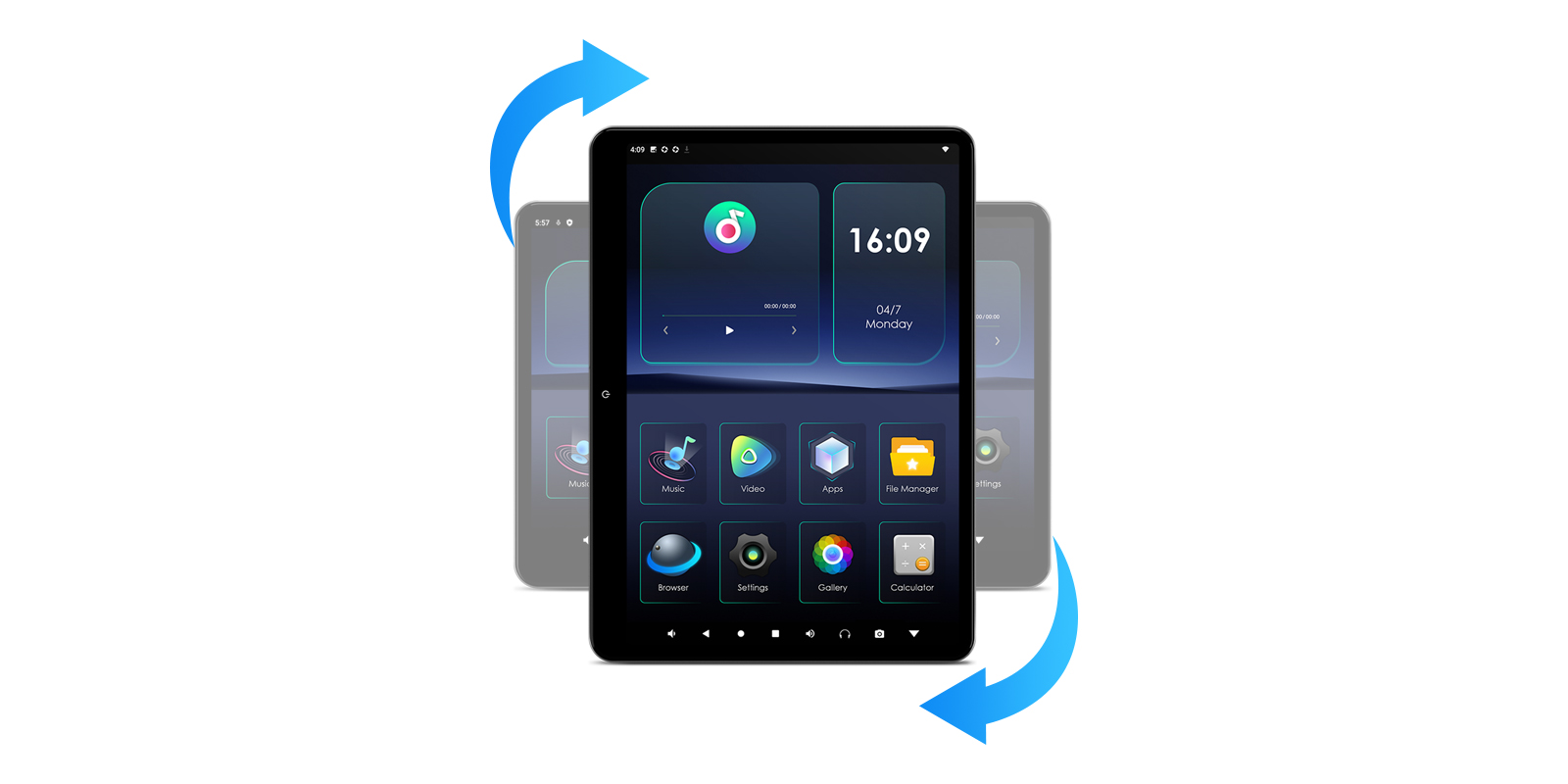 Screen rotation demonstration showing portrait and landscape mode switching on rear-seat entertainment display