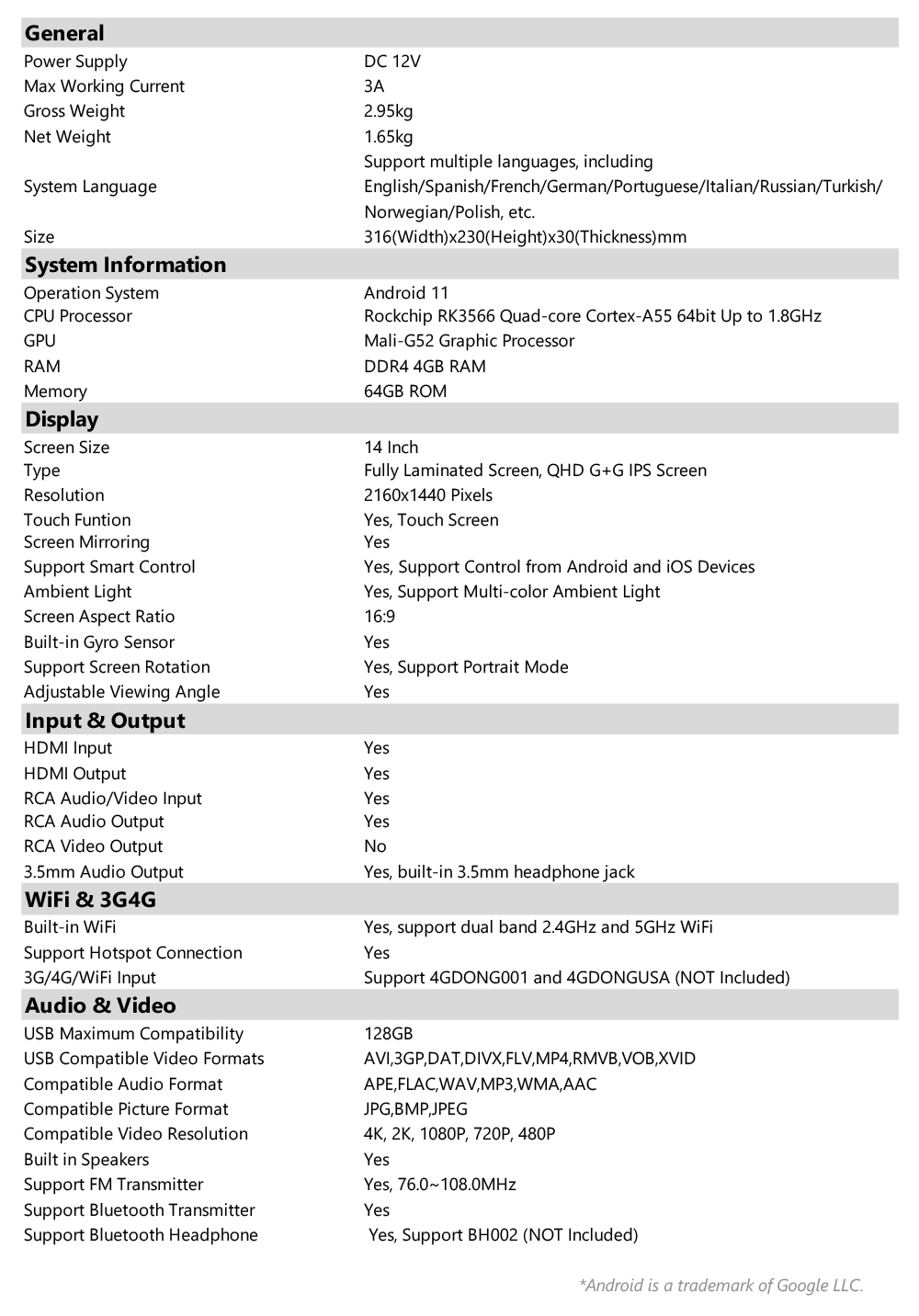 Product specification sheet detailing Android 11, Rockchip RK3566 processor, 4GB RAM, 64GB ROM, 14-inch 2160x1440 QHD display, and audio/video features