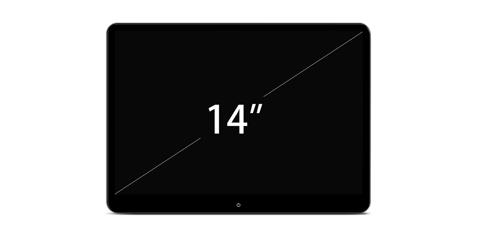 Screen size diagram showing 14-inch display dimensions with 2160x1440 QHD resolution