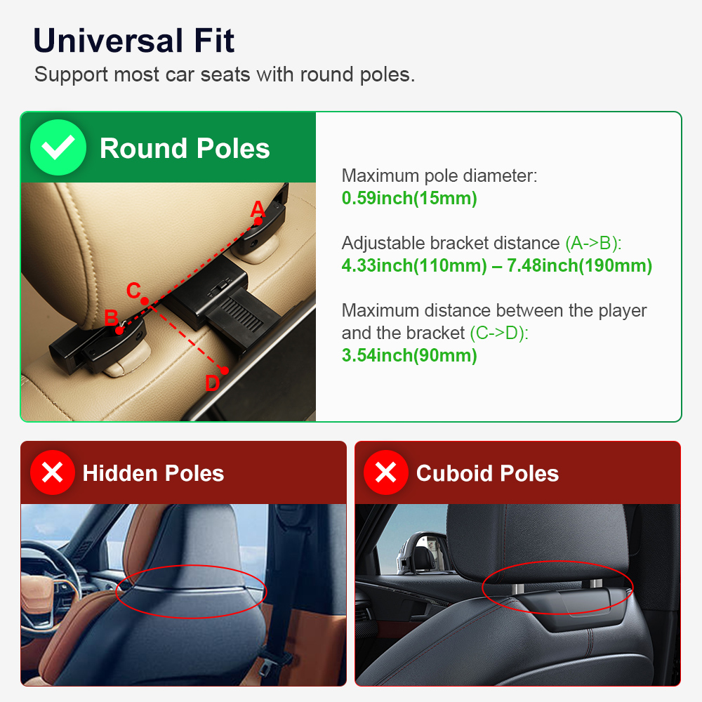 Mounting bracket compatibility chart showing round pole, hidden pole, and cuboid pole options with adjustable distance specifications