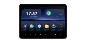 14-inch rear-seat entertainment system with Theme 1 in horizontal orientation showing music, video, apps, file manager, browser, and settings
