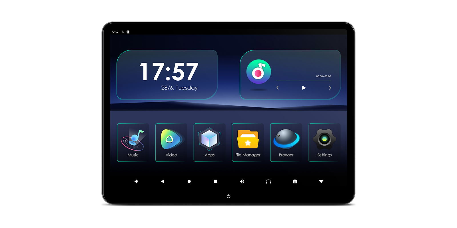 14-inch rear-seat entertainment system with Theme 1 in horizontal orientation showing music, video, apps, file manager, browser, and settings