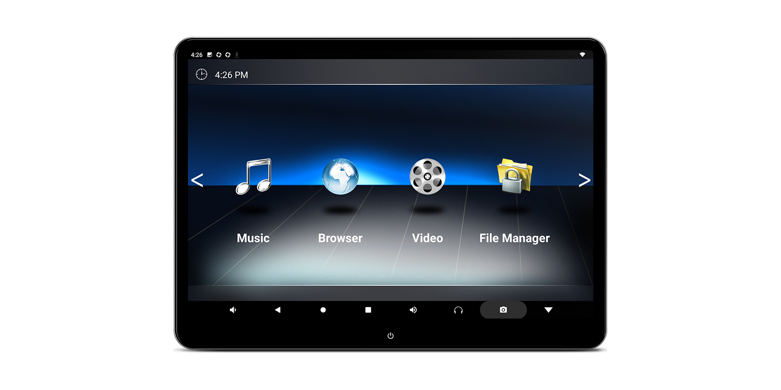 14-inch rear-seat entertainment system with Theme 2 in horizontal orientation showing music, browser, video, and file manager
