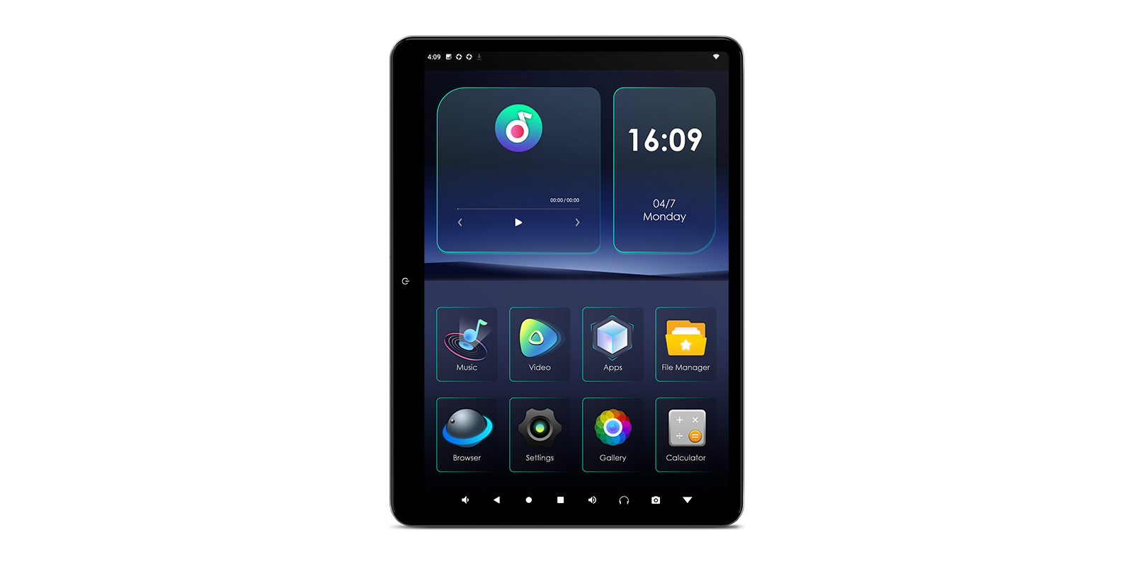 14-inch rear-seat entertainment system with Theme 1 in portrait orientation showing music, video, apps, file manager, browser, settings, gallery, and calculator