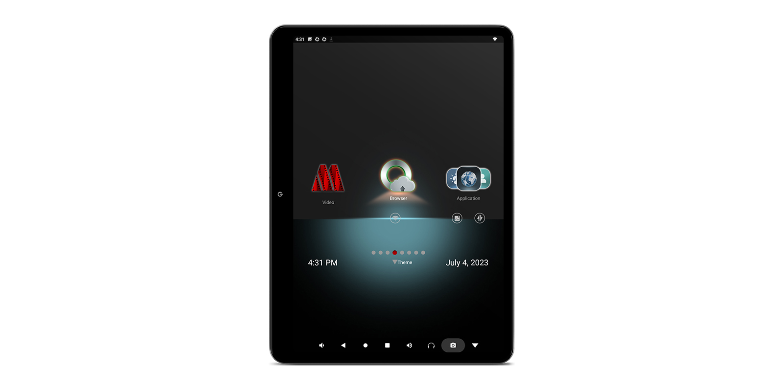 14-inch rear-seat entertainment system with Theme 3 in portrait orientation showing theme and wallpaper selection