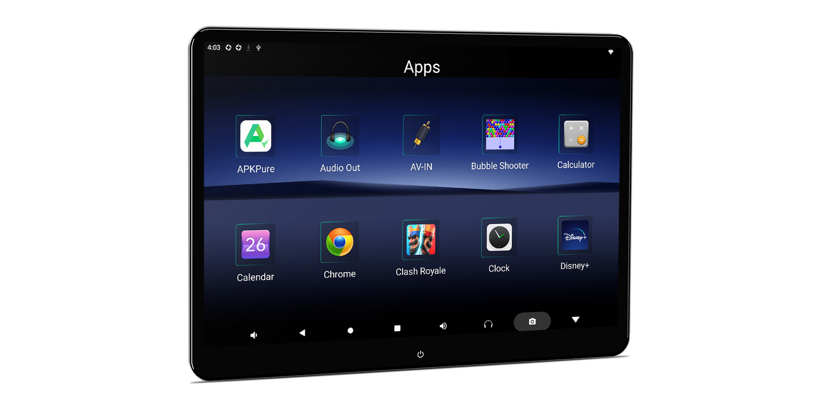 Grid of apps on rear-seat system including APKPure, Audio Out, AV-IN, Bubble Shooter, Calculator, Calendar, Chrome, Clash Royale, Clock, and Disney+