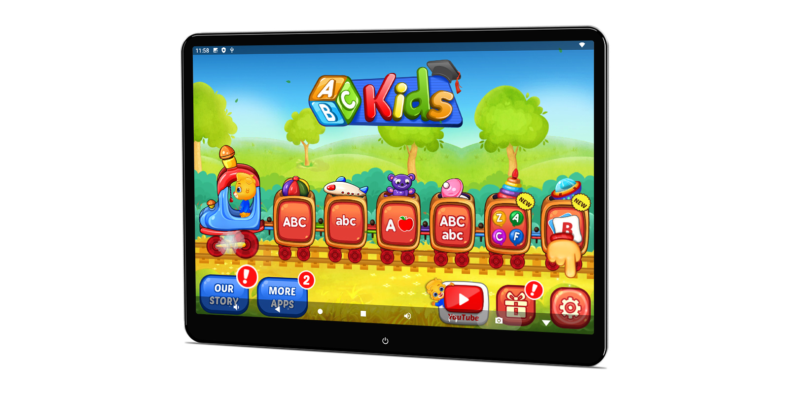 Game interface screen on rear-seat entertainment system showing ABC kids learning game