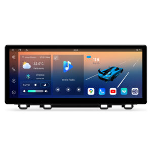 Car stereo home screen showing speed, temperature, weather, XTRONS connected, and online radio option