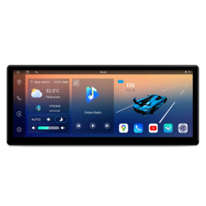 Car stereo home screen showing speed, temperature, weather, XTRONS connected, and online radio option