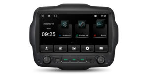 Linux car stereo home screen showing FM radio, Bluetooth, PhoneLink, and Radio options with wallpaper style 1