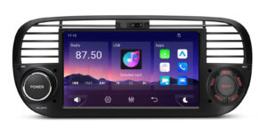 Linux car stereo home screen showing radio, USB, apps, FM frequency 87.50, and music track Soledad.mp3 with wallpaper style 1