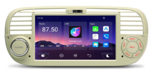 Linux car stereo home screen showing radio, USB, apps, FM frequency 87.50, and music track Soledad.mp3 with wallpaper style 1