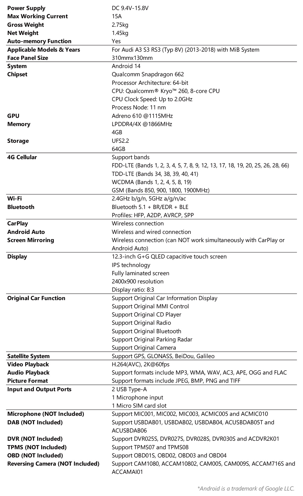 Product specification sheet detailing Audi A3 compatibility, Qualcomm Snapdragon 662, 4GB RAM, 64GB ROM, 12.3-inch 2400x900 display, 4G, Wi-Fi, Bluetooth 5.1, wireless CarPlay, and Android Auto