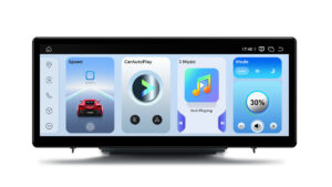Android car stereo home screen in light mode showing speed, CarAutoPlay, music, auto mode, and volume control
