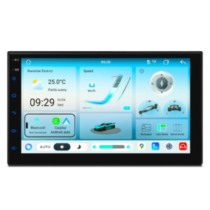 7-inch universal car stereo in block mode with light theme showing speed, temperature, weather, Bluetooth, CarPlay, and Android Auto options