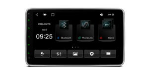 Linux car stereo home screen showing FM radio, Bluetooth, PhoneLink, and Radio options with wallpaper style 1