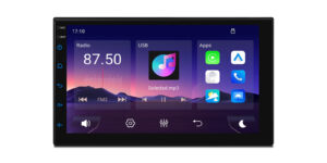Linux car stereo home screen showing radio, USB, apps, FM frequency 87.50, and music track Soledad.mp3 with wallpaper style 1
