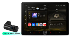 Single DIN Android car stereo with ADAS in dark mode showing speed, weather, music playback, trip data, and main app icons