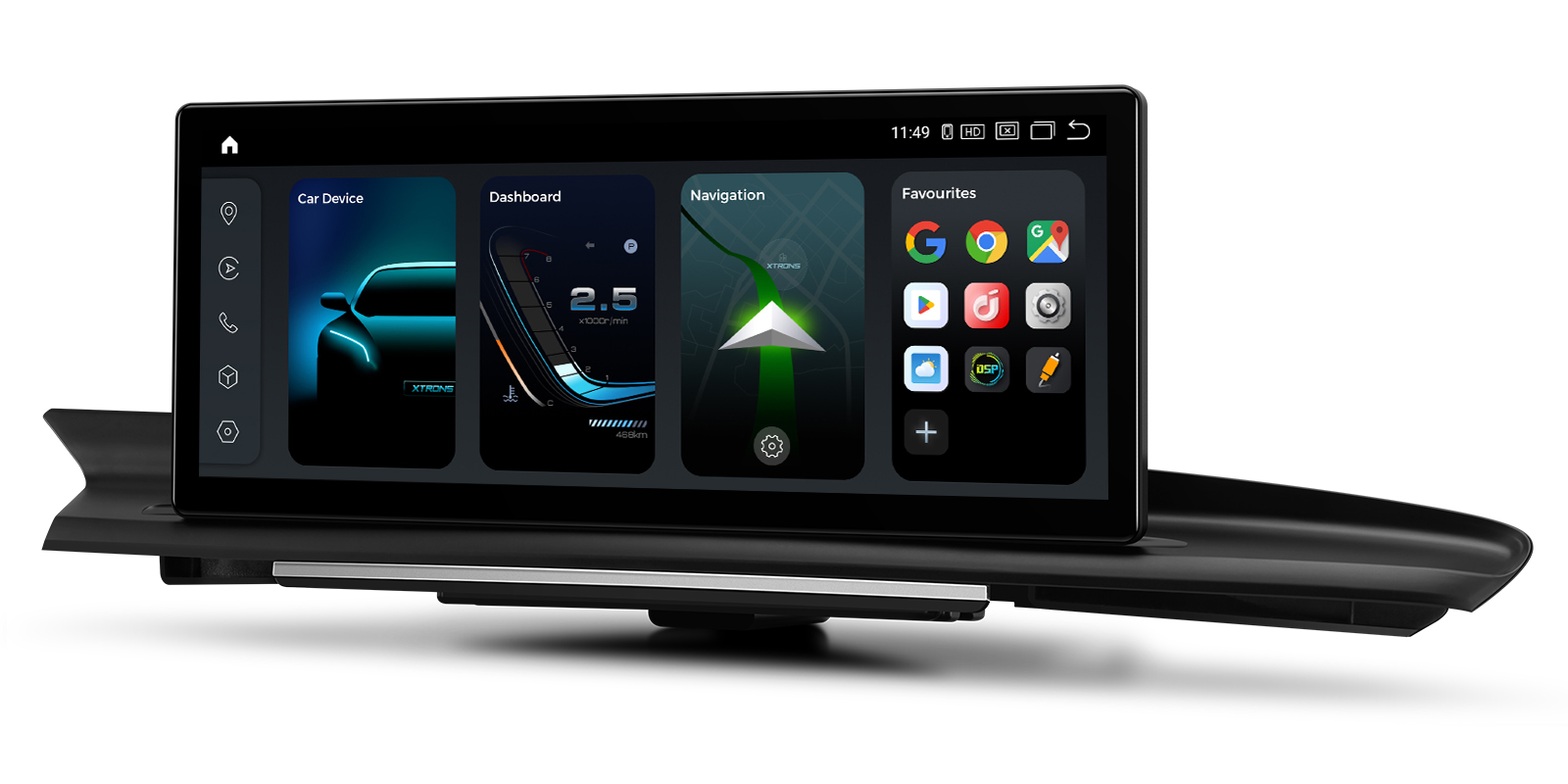 XTRONS Car Device menu with Dashboard, Navigation, and Favourites options featuring XTRONDS branding