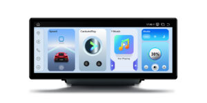 Android car stereo home screen in light mode showing speed, CarAutoPlay, music, auto mode, and 30% volume with no track playing