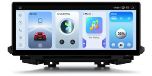 Android car stereo home screen in light mode showing speed, CarAutoPlay, music, auto mode, and 30% volume with no track playing