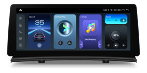 BMW X3 Android head unit displaying the dark home interface