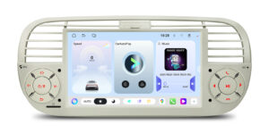Front view of the XTRONS UA7550FLC Fiat 500 head unit displaying the light-theme home screen.