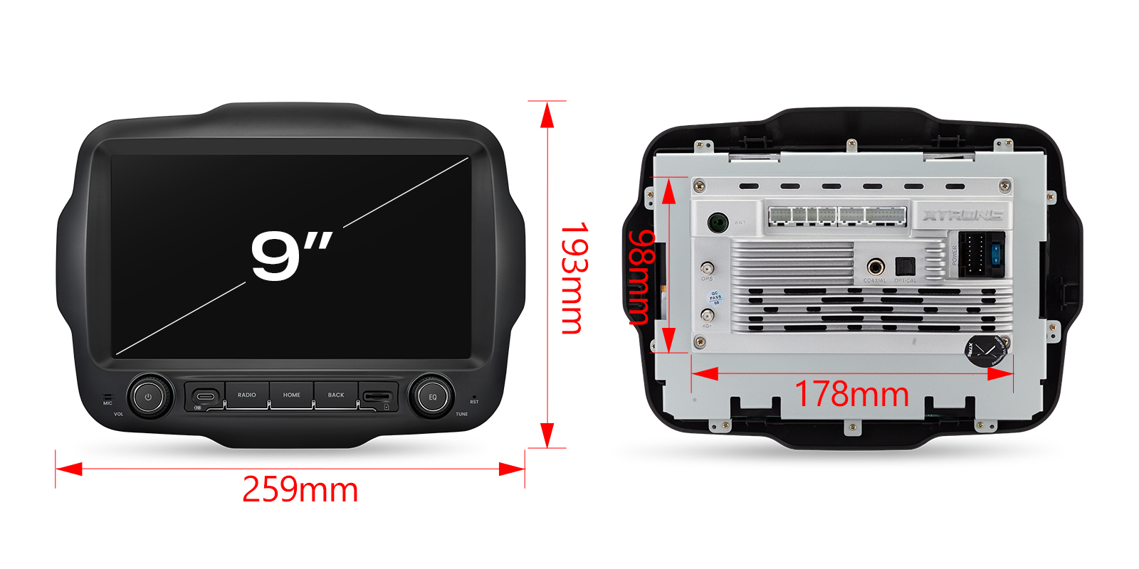 XTRONS 9-inch Jeep Renegade head unit dimensions and installation size