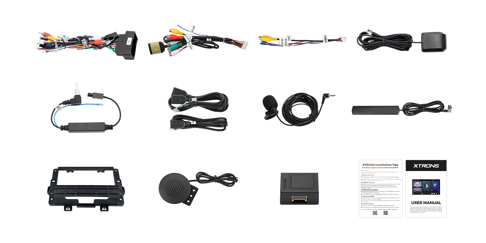 Included wiring harnesses, antennas, microphone and accessories for the head unit