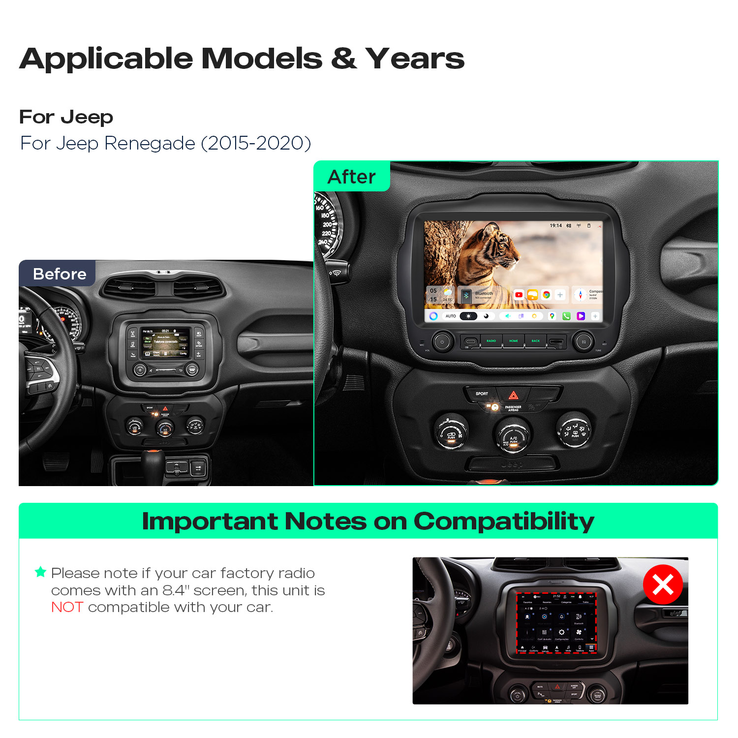 Before and after installation in a compatible Jeep Renegade 2015–2020 dashboard