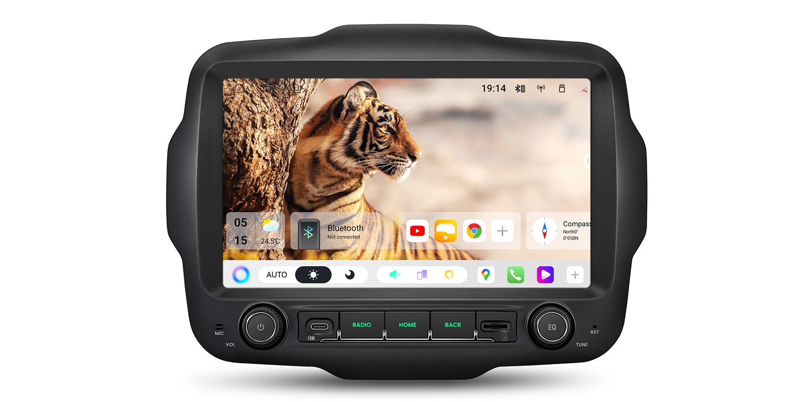 Jeep Renegade Android head unit displaying a customizable tiger home screen