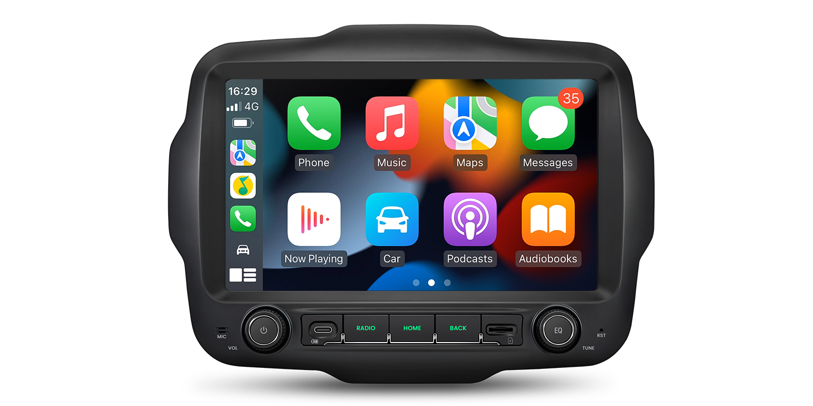 Jeep Renegade head unit displaying the wireless Apple CarPlay interface