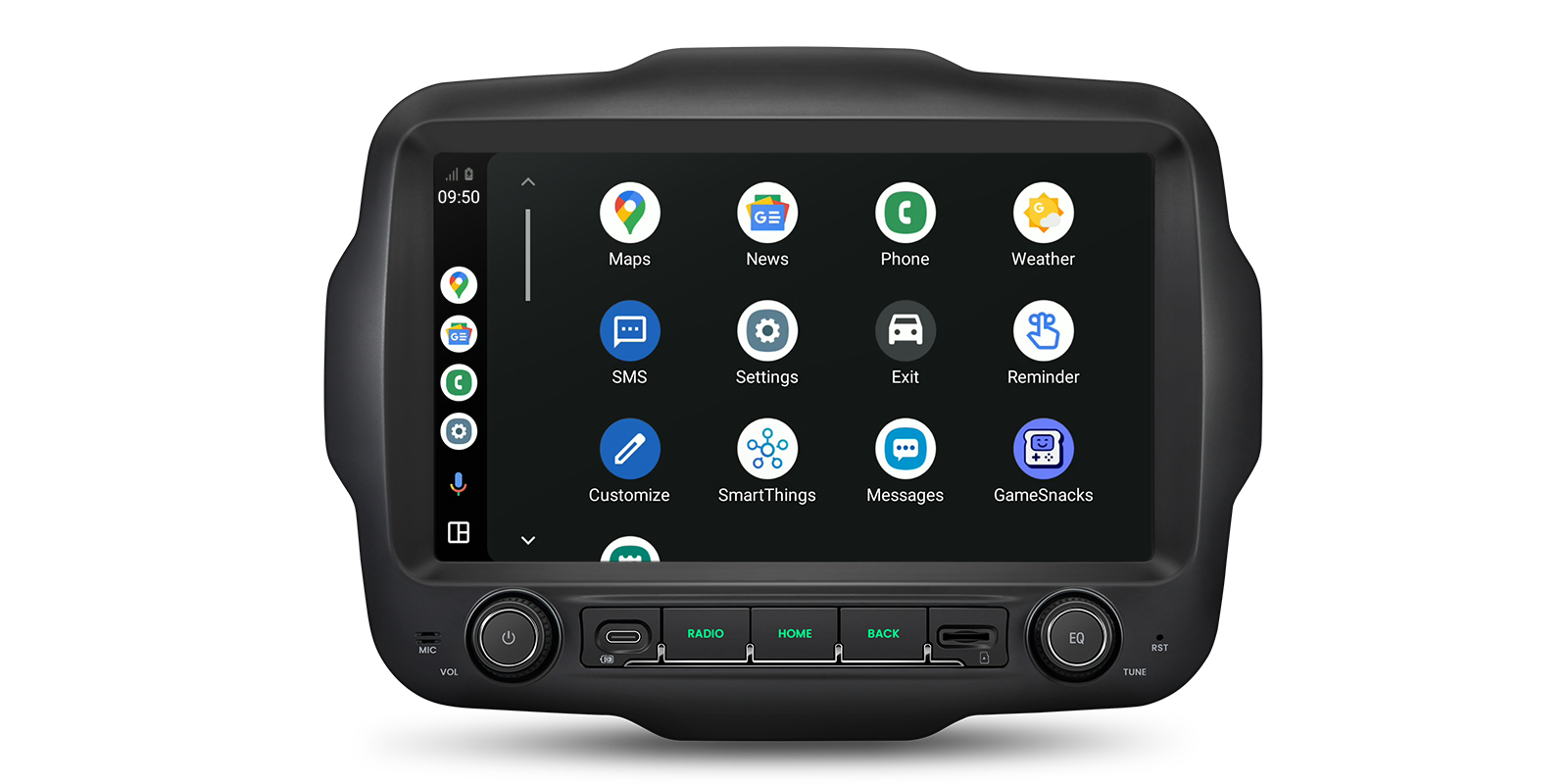 XTRONS Jeep Renegade stereo displaying the Android Auto app menu
