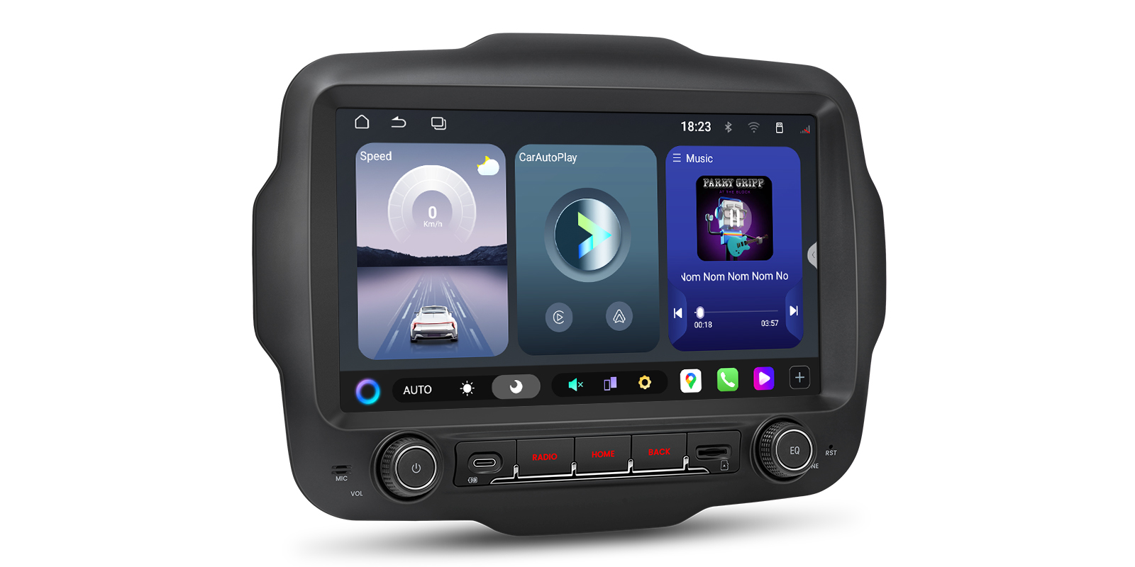 Jeep Renegade Android head unit with dark theme home screen