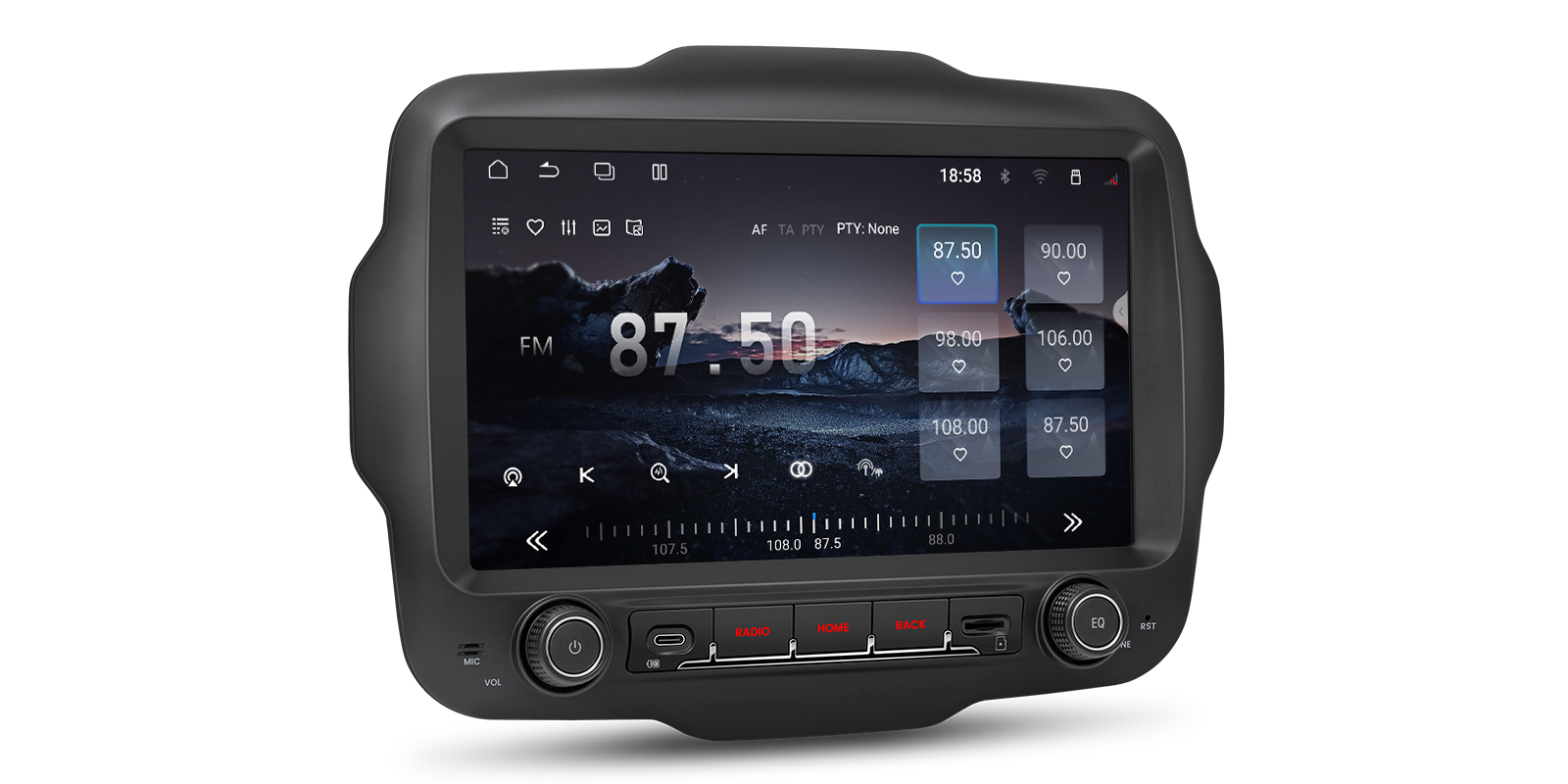 XTRONS Jeep Renegade car stereo displaying the FM radio interface