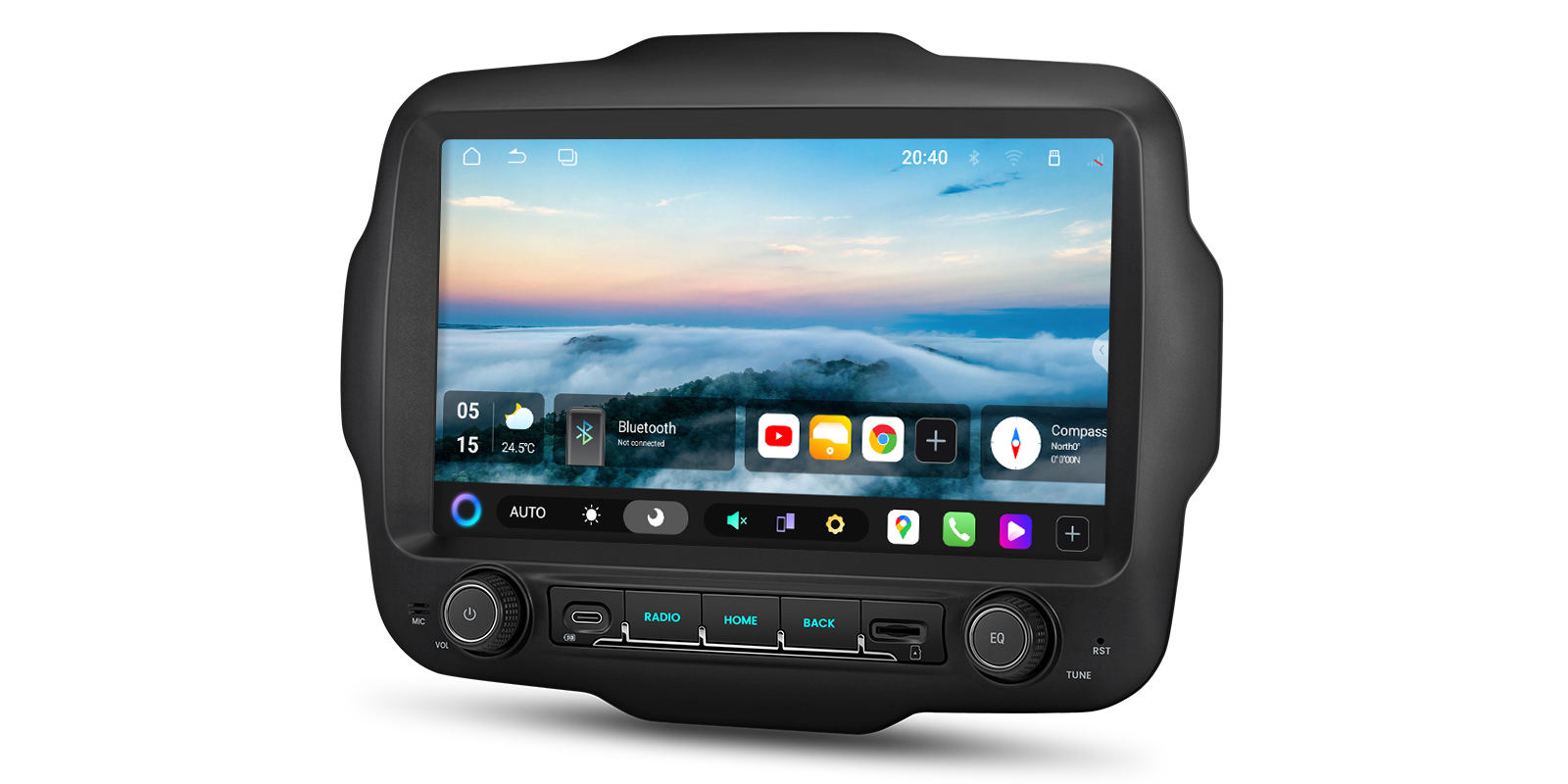 Angled front view of XTRONS Jeep Renegade head unit home screen