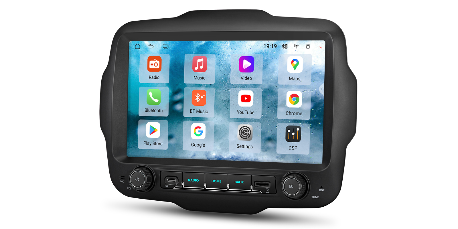 Jeep Renegade Android stereo displaying radio, music, maps and DSP apps