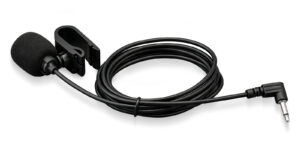 Full view of a 3.5 mm car stereo clip microphone with cable and right-angle plug.