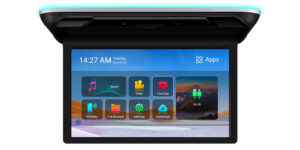 XTRONS 21.5-inch Android car roof monitor home screen in blue theme showing Music, Video, YouTube, Wireless, File Browser, Settings, Download, and AV IN tiles