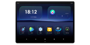 XTRONS 13-inch Android car display home screen with UI 1 showing Music, Video, Apps, File Manager, Browser, and Settings tiles
