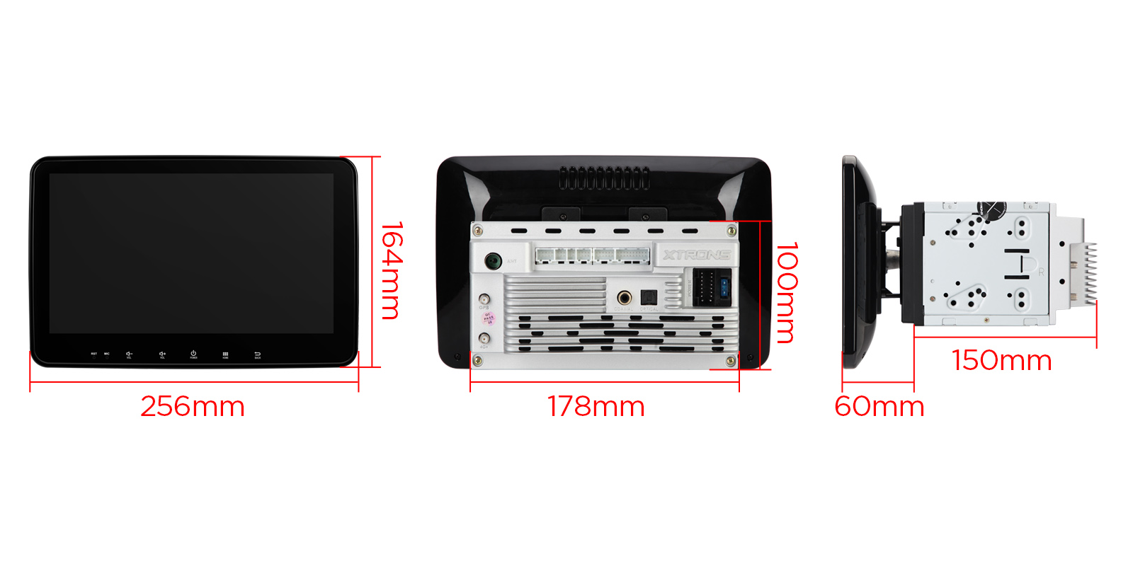 XTRONS TUAH122L front, rear and side dimensions for installation planning.