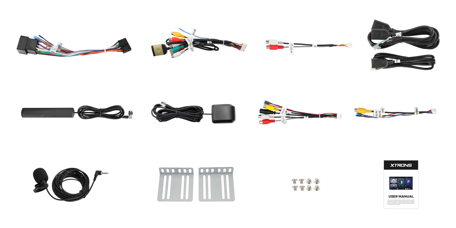 Complete accessories and wiring kit supplied with the XTRONS TUAH122L head unit.