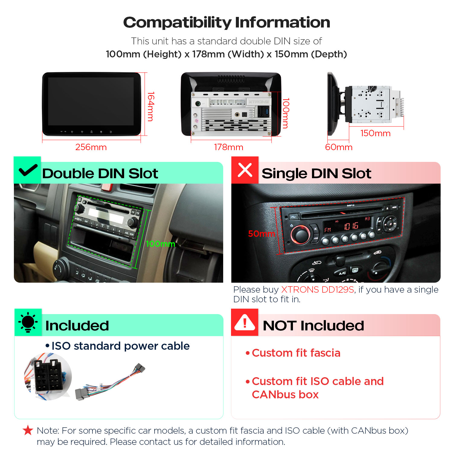 Double DIN compatibility, dimensions and fitment guide for the XTRONS TUAH122L.