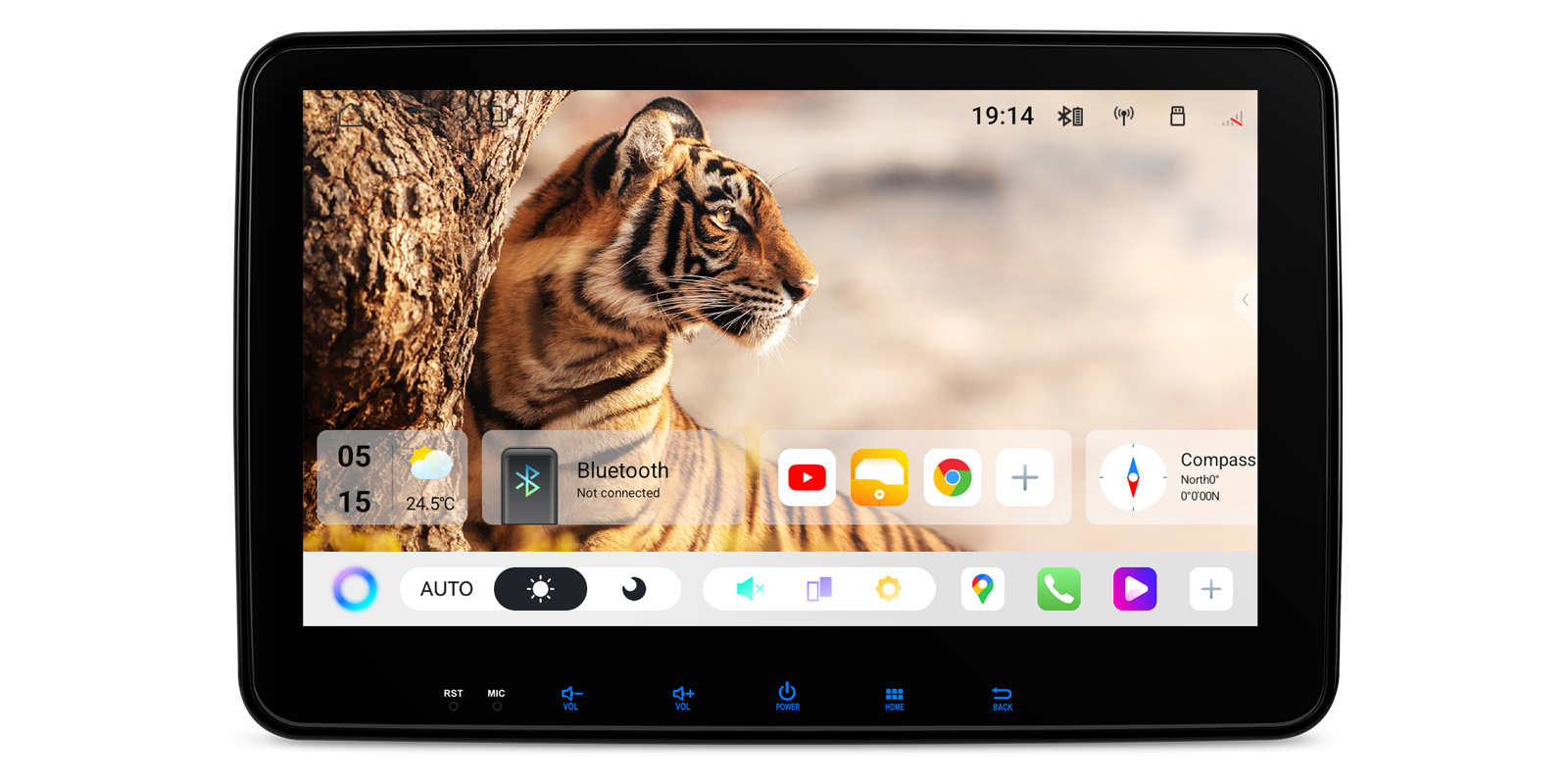 XTRONS TUAH122L Android 15 head unit showing a tiger wallpaper home screen.