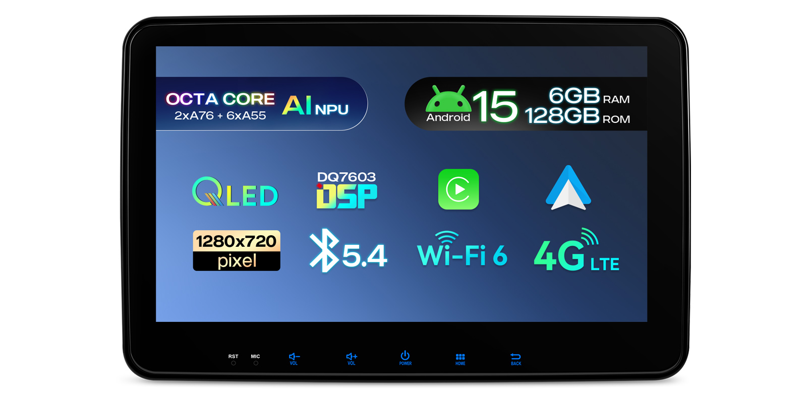 XTRONS TUAH122L feature overview with Android 15, QLED display, 6GB RAM and 128GB storage.