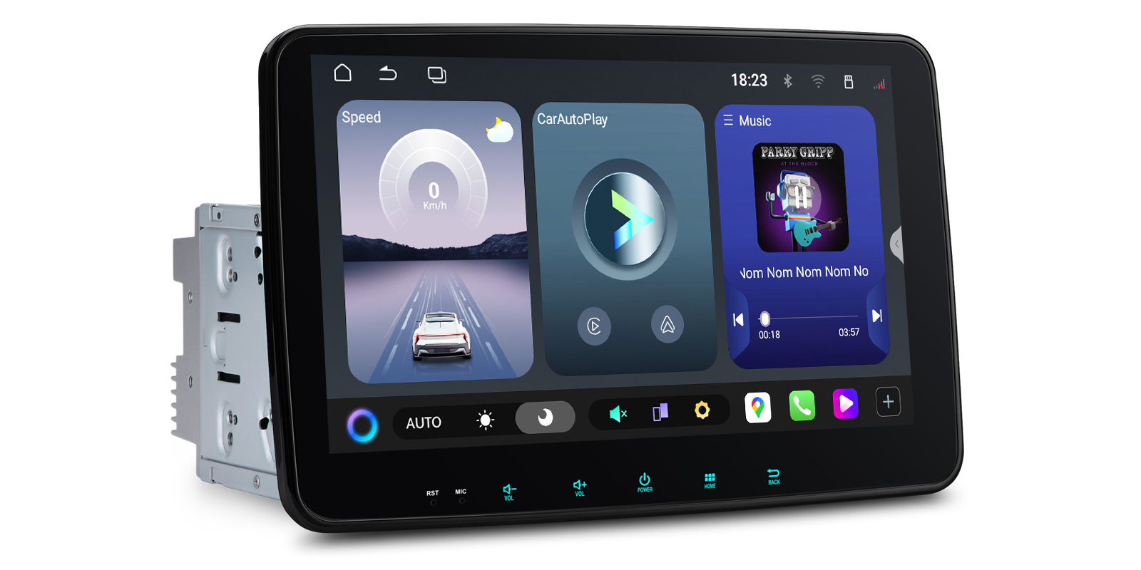 Angled view of the XTRONS TUAH122L Android 15 dark-theme dashboard.